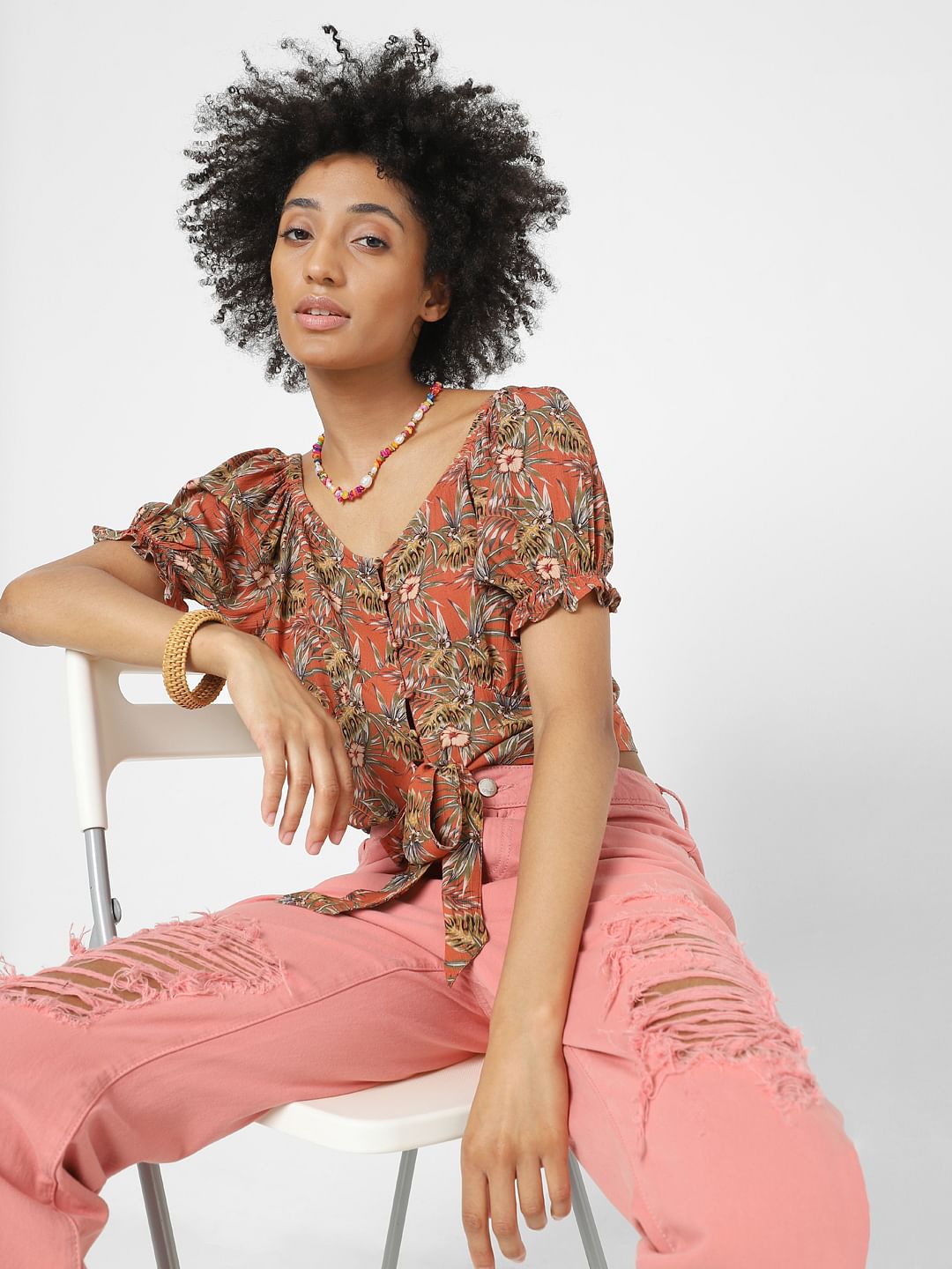 Brown Tropical Print Tie Up Crop Top