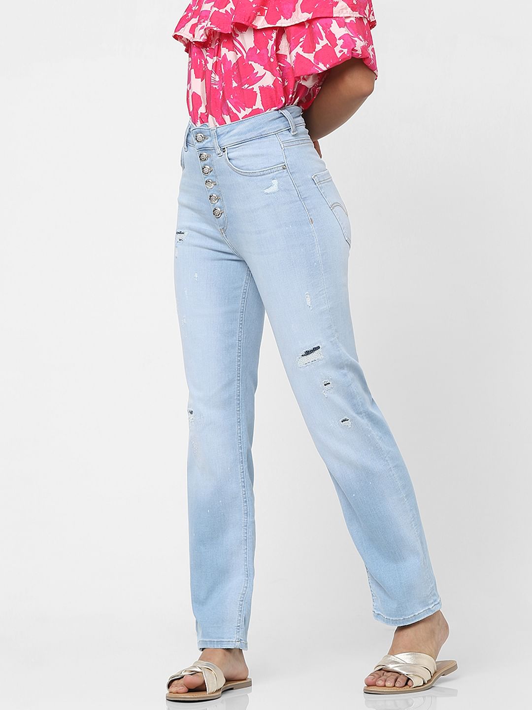 Light Blue High Rise Washed Straight Jeans