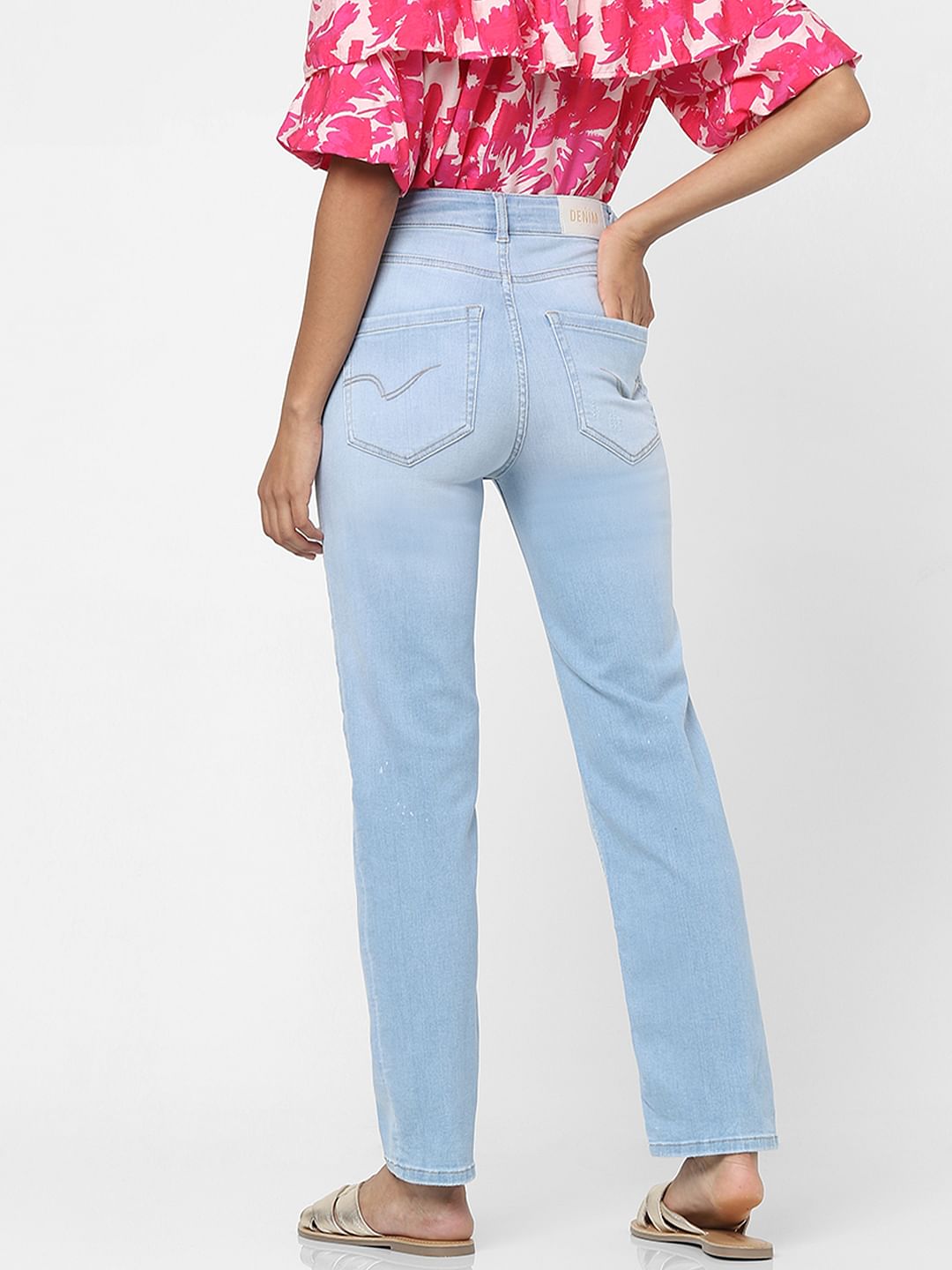 Light Blue High Rise Washed Straight Jeans