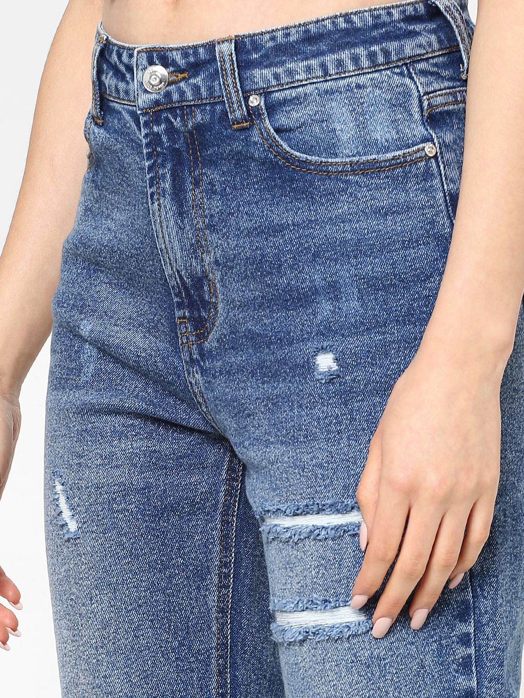 Blue High Rise Straight Torn Jeans