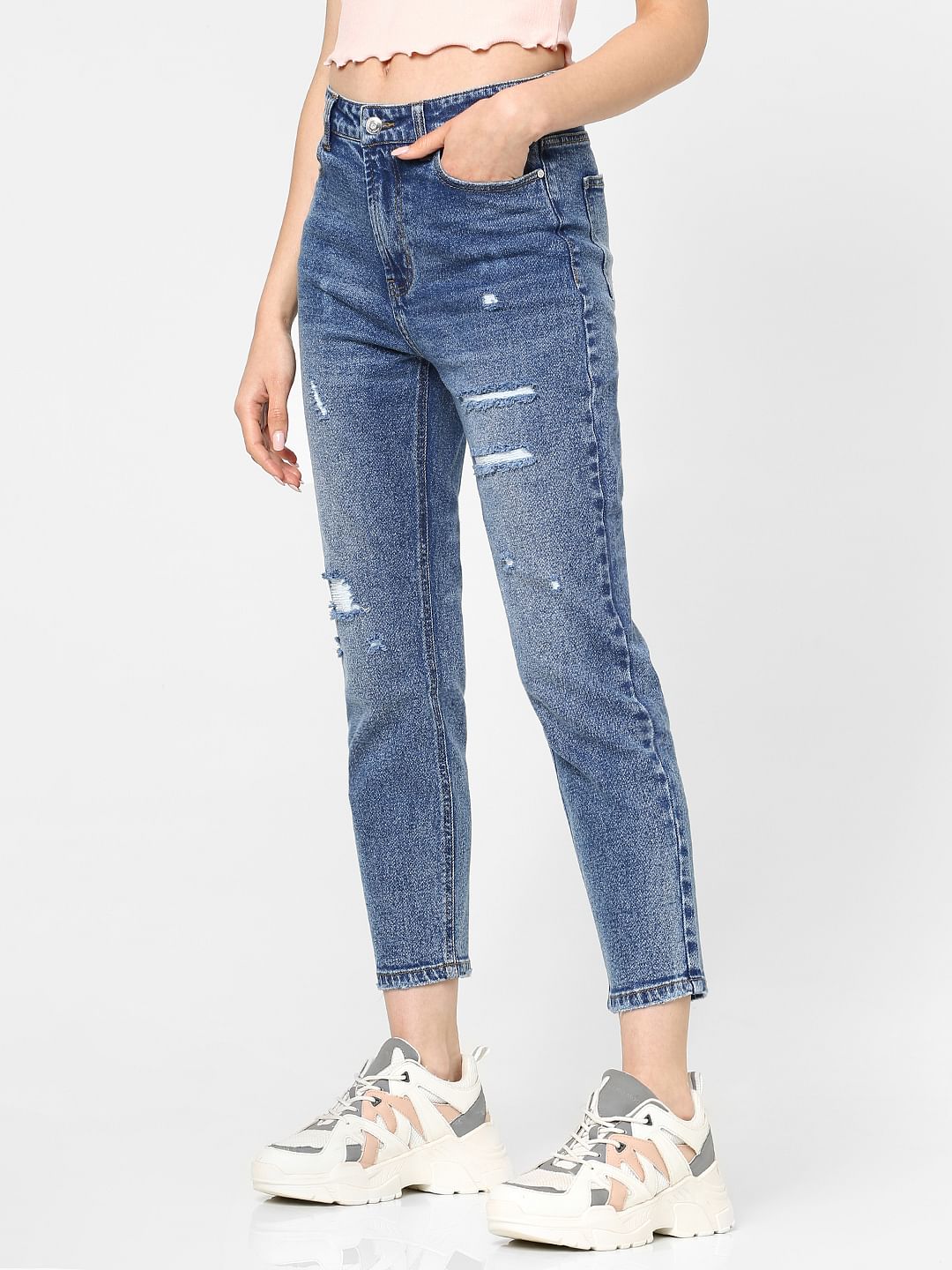 Blue High Rise Straight Torn Jeans