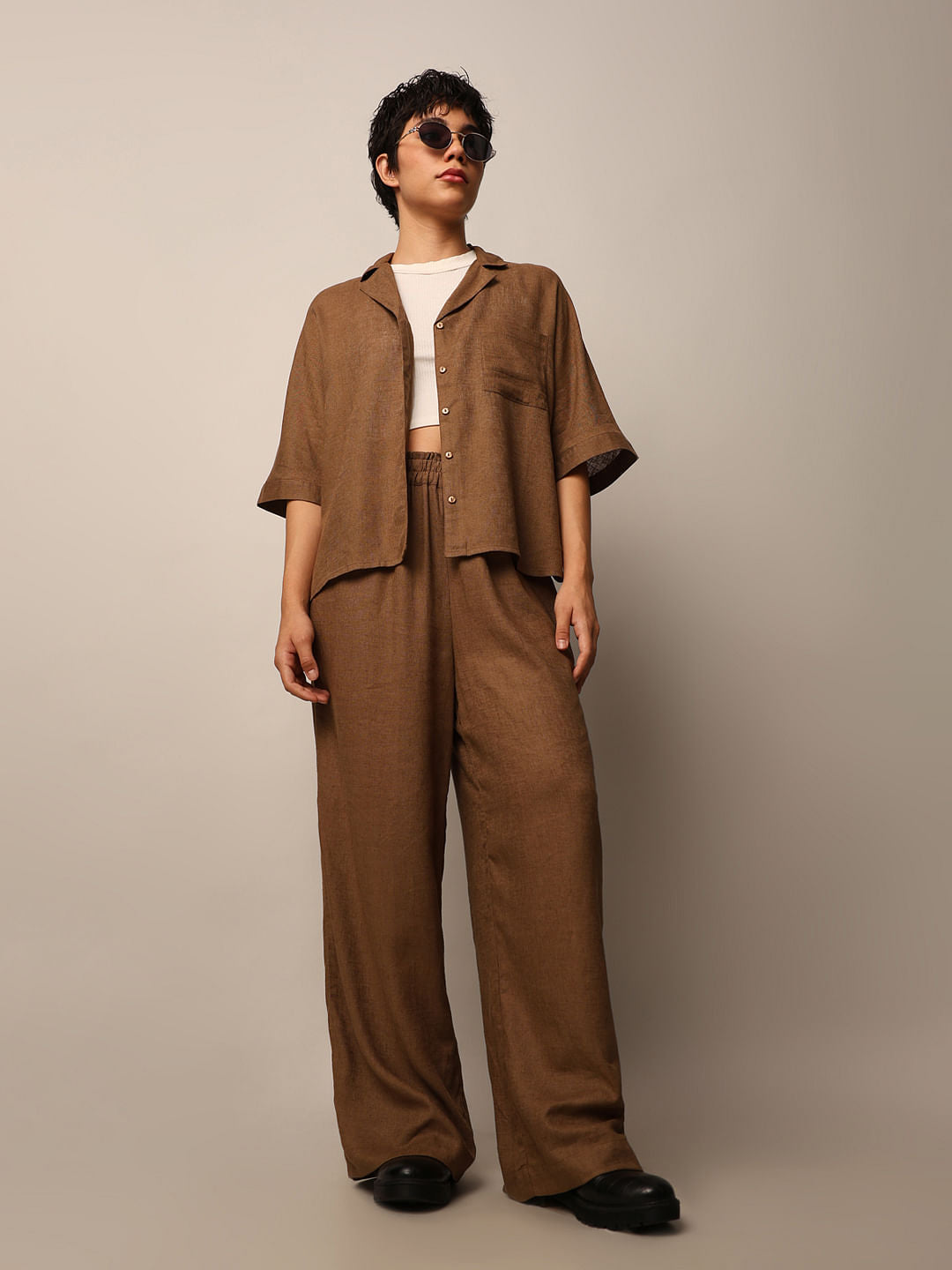 Brown Linen Pull-On Co-Ord Set Pants