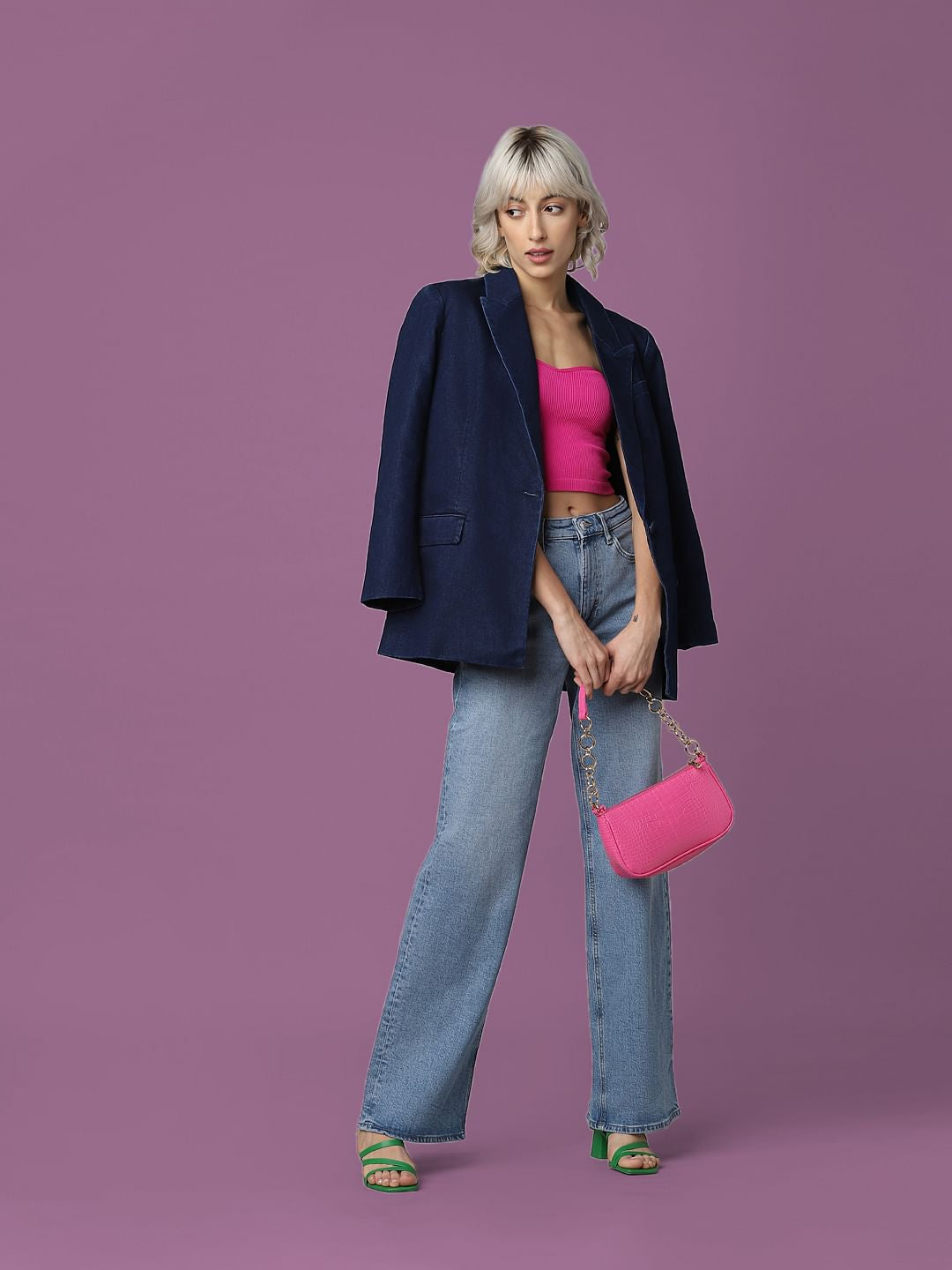 Dark Blue Single-Breasted Denim Blazer