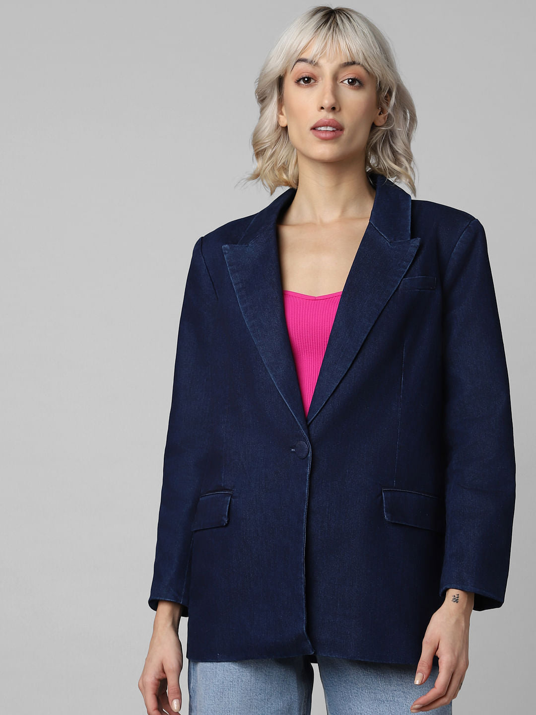 Dark Blue Single-Breasted Denim Blazer