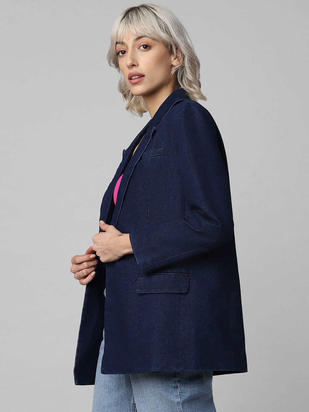 Dark Blue Single-Breasted Denim Blazer