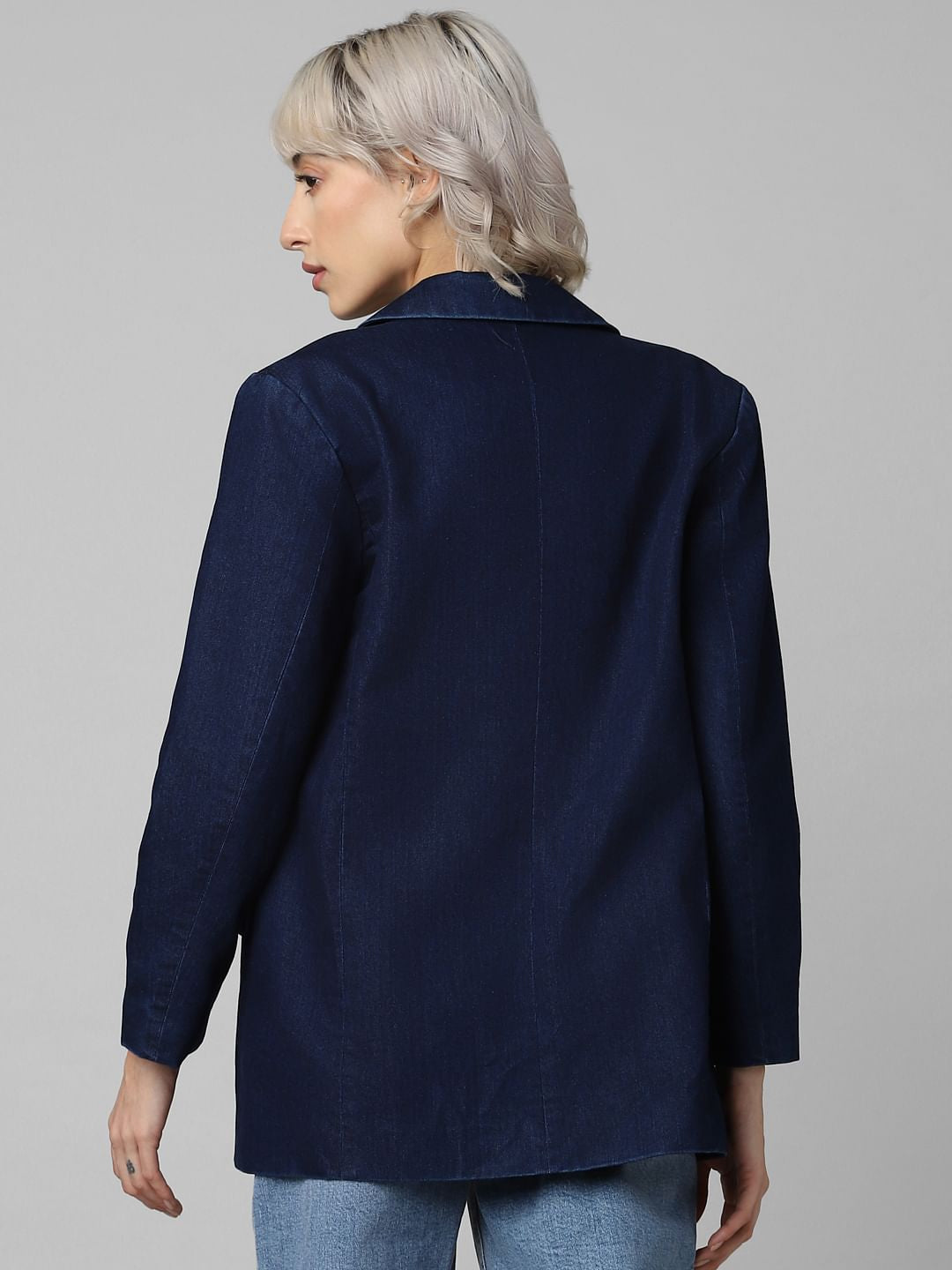 Dark Blue Single-Breasted Denim Blazer