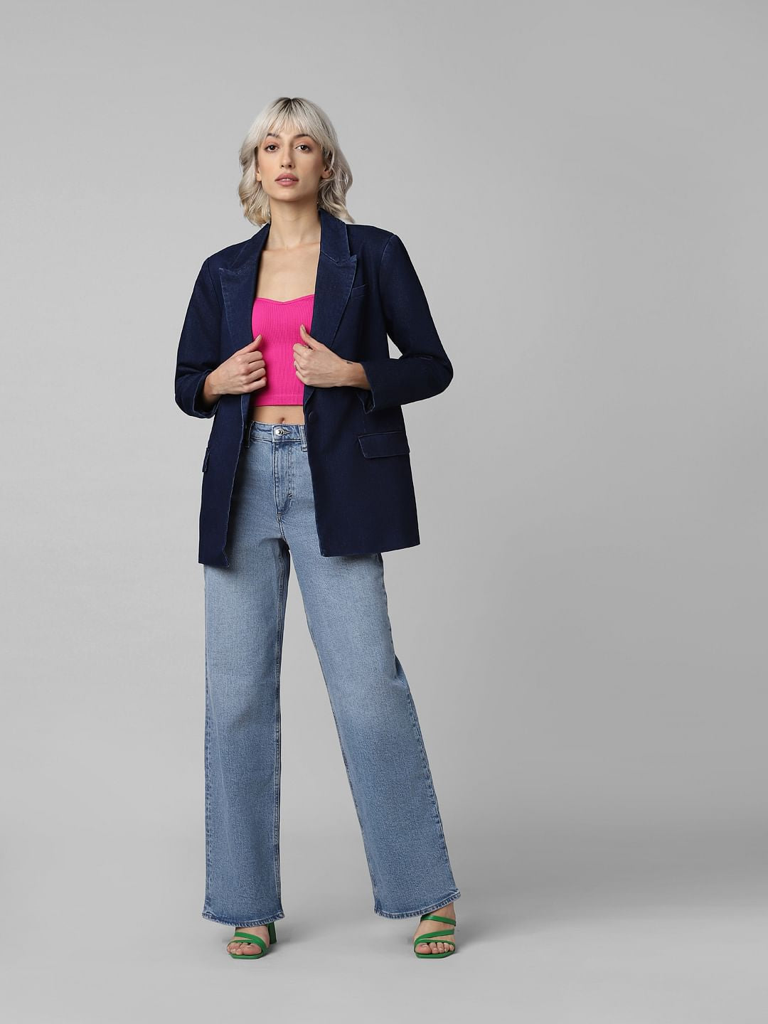 Dark Blue Single-Breasted Denim Blazer