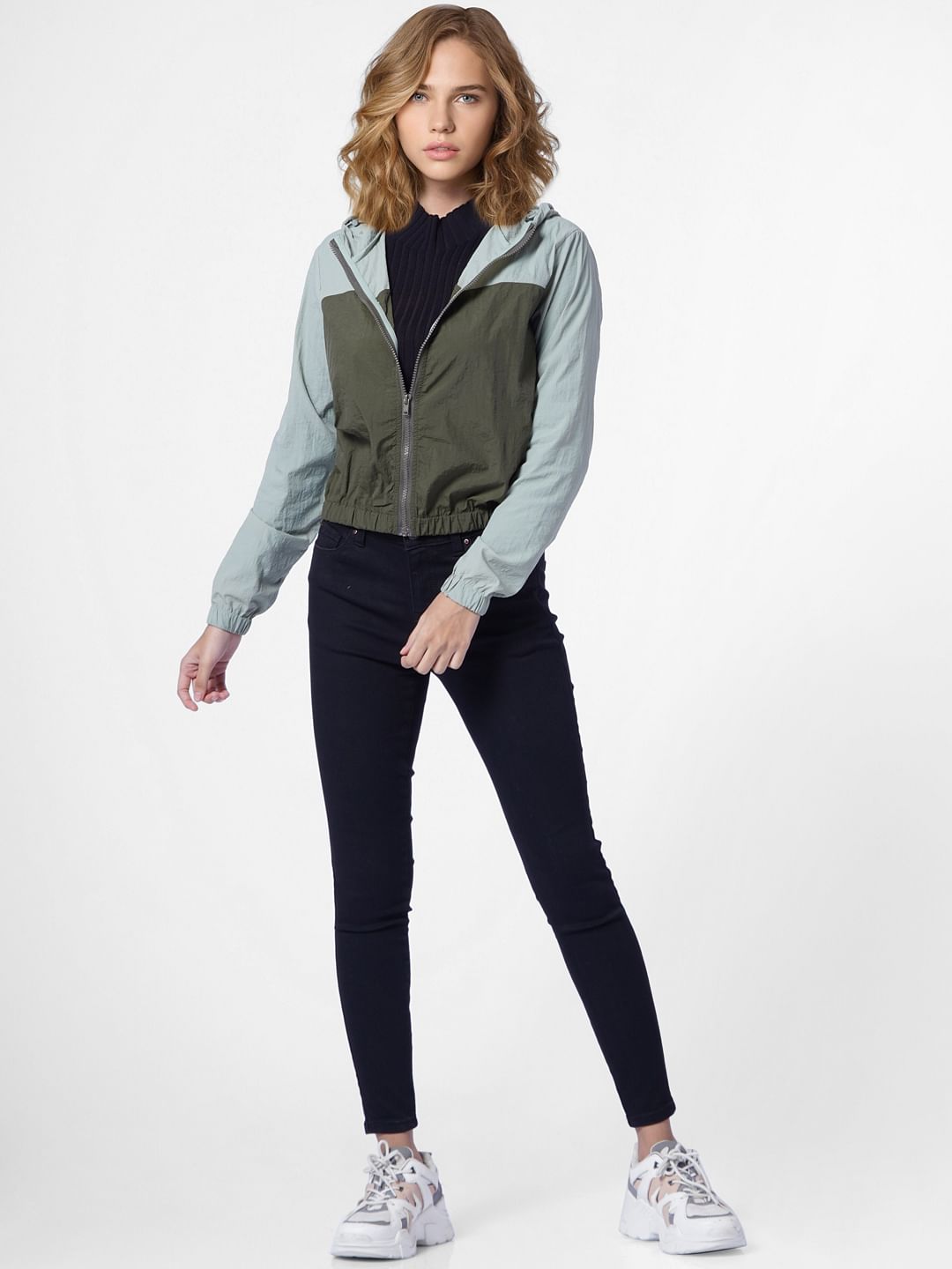 Green Colourblocked Hooded Jacket