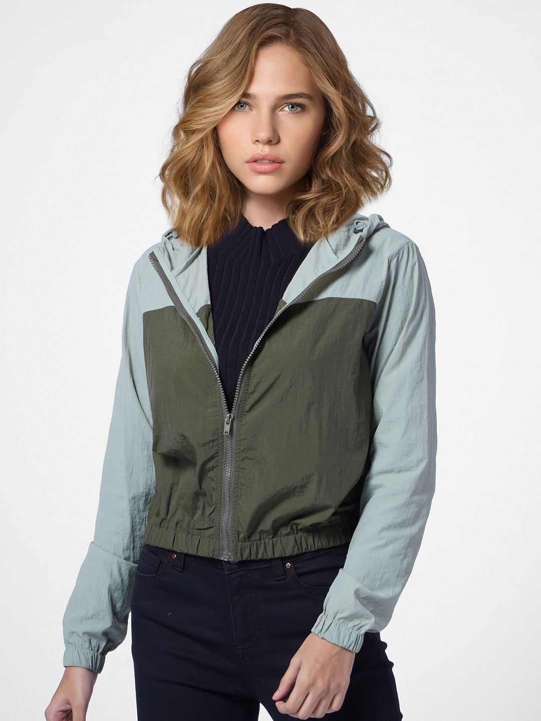 Green Colourblocked Hooded Jacket