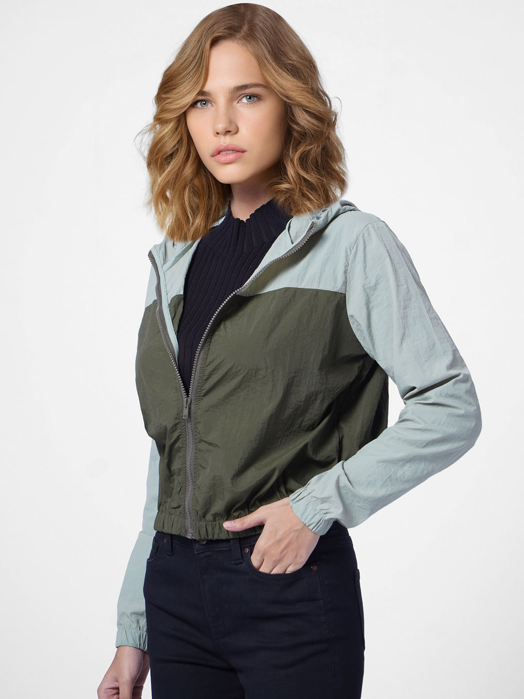 Green Colourblocked Hooded Jacket