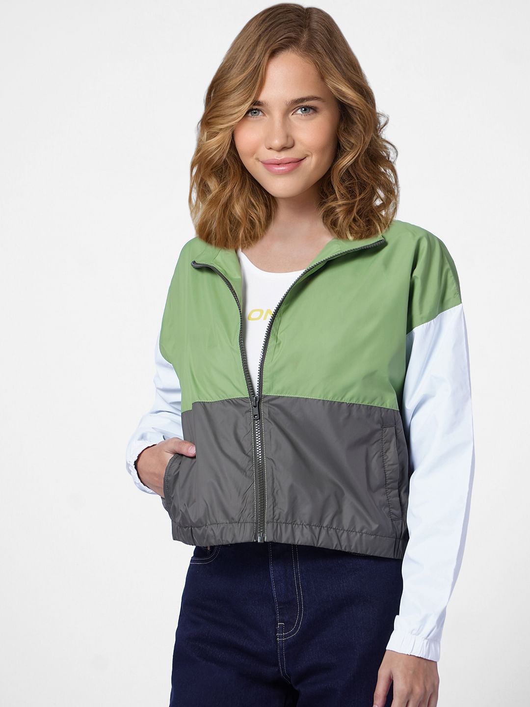 Green Colourblocked Bomber Jacket