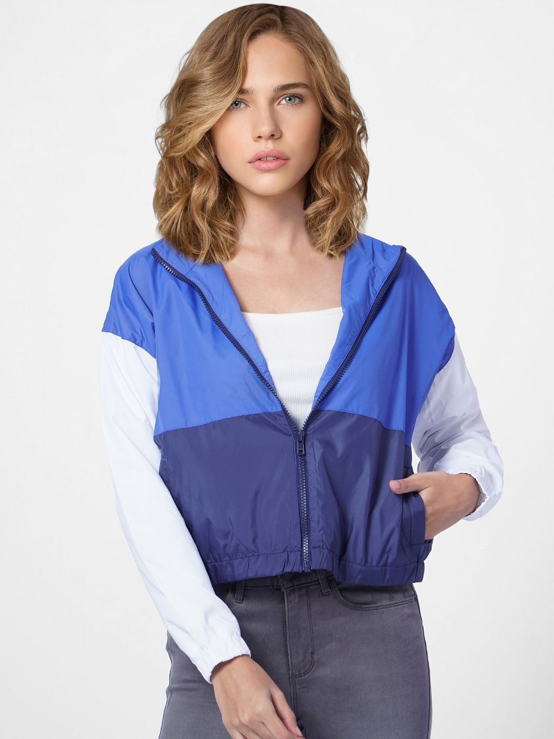 Blue Colourblocked Bomber Jacket