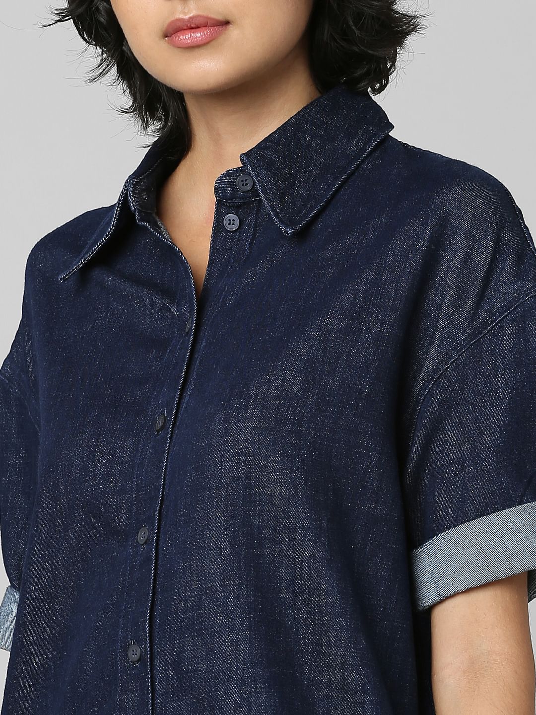 Dark Blue Oversized Long Denim Shirt