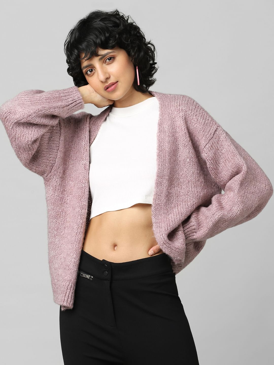 Pink Rib-Knit Cardigan