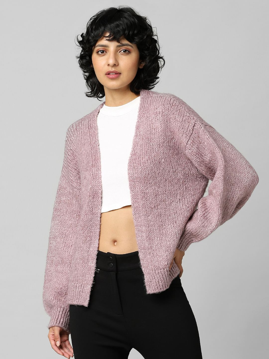 Pink Rib-Knit Cardigan