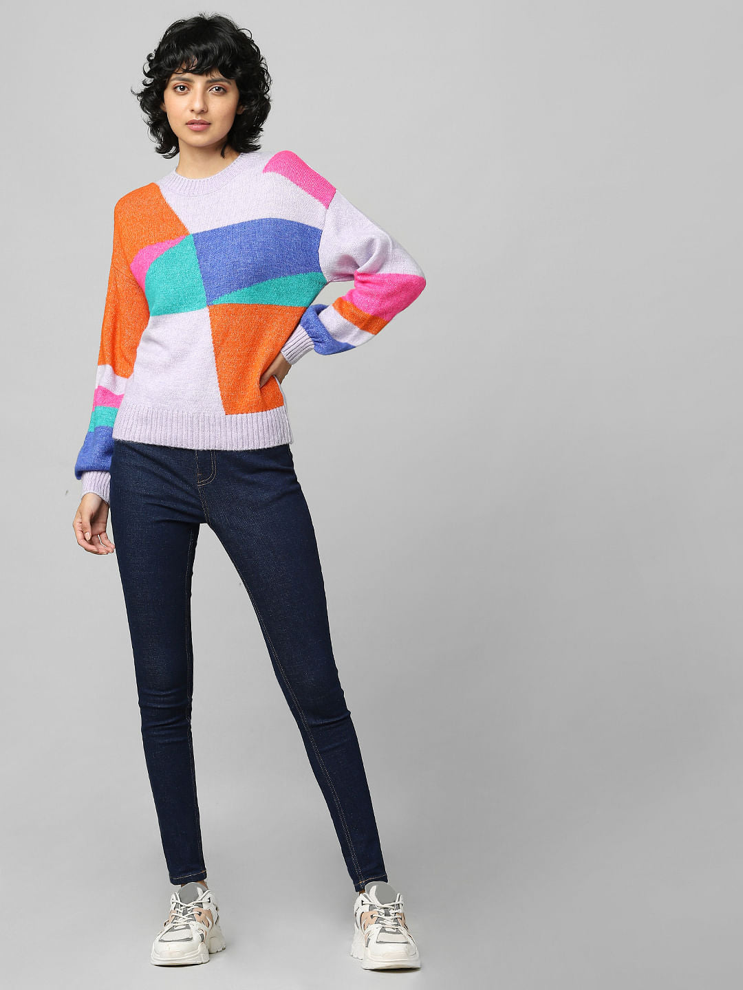 Purple Colourblocked Jacquard Pullover