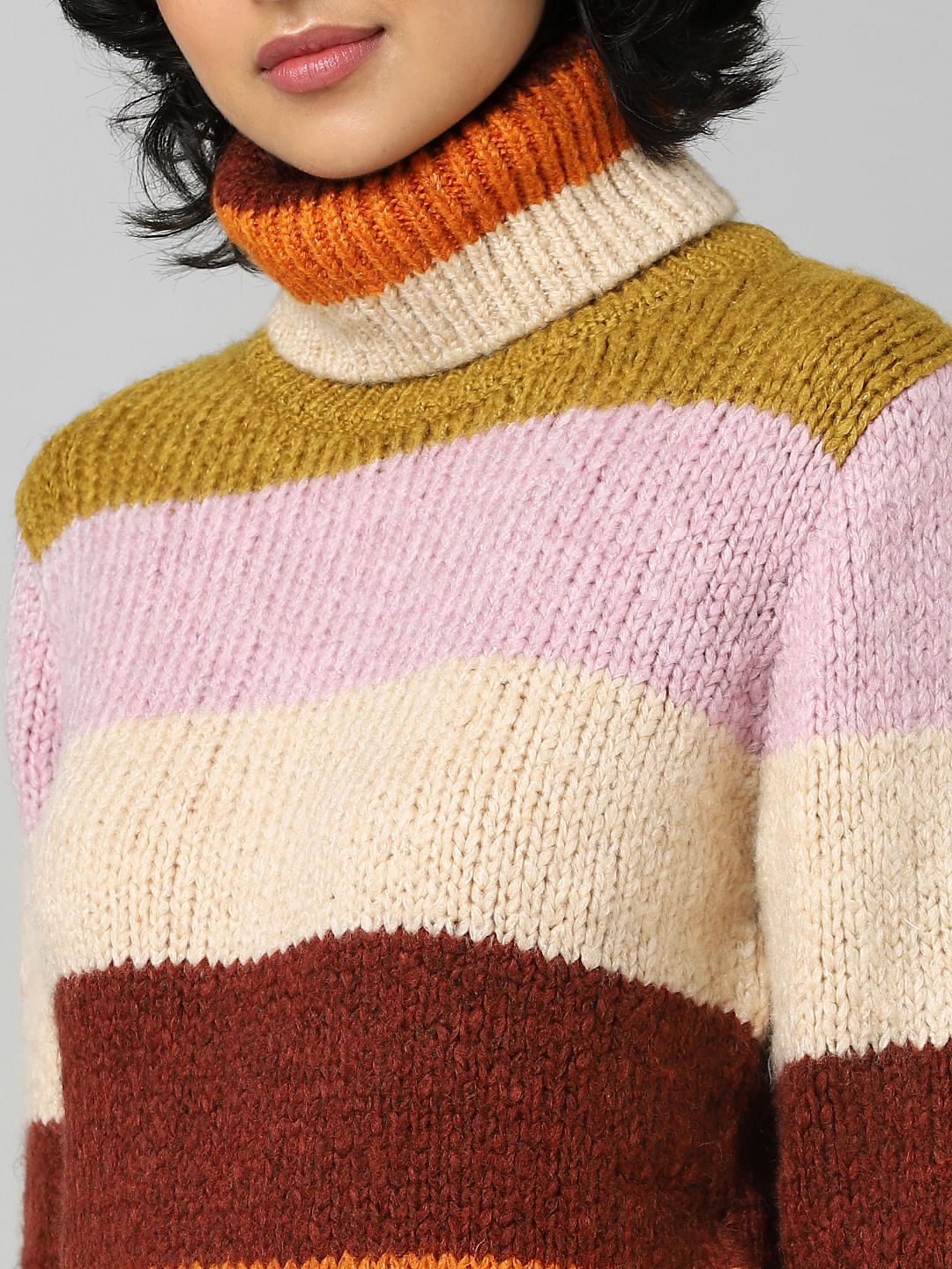 Brown Striped Roll Neck Pullover