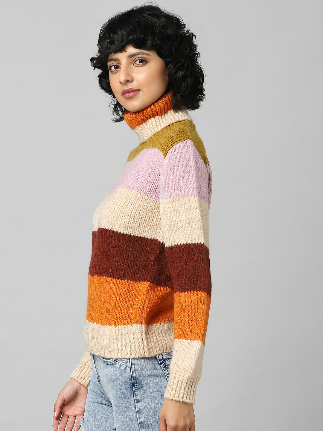 Brown Striped Roll Neck Pullover