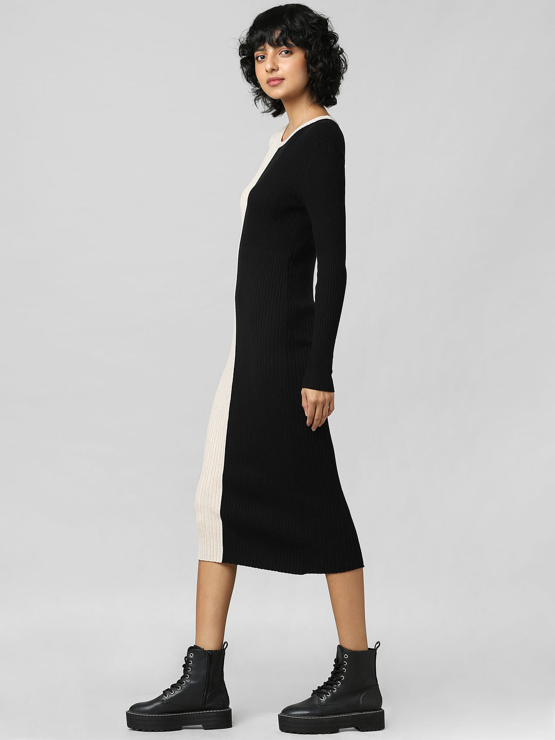 Beige Colourblocked Midi Dress