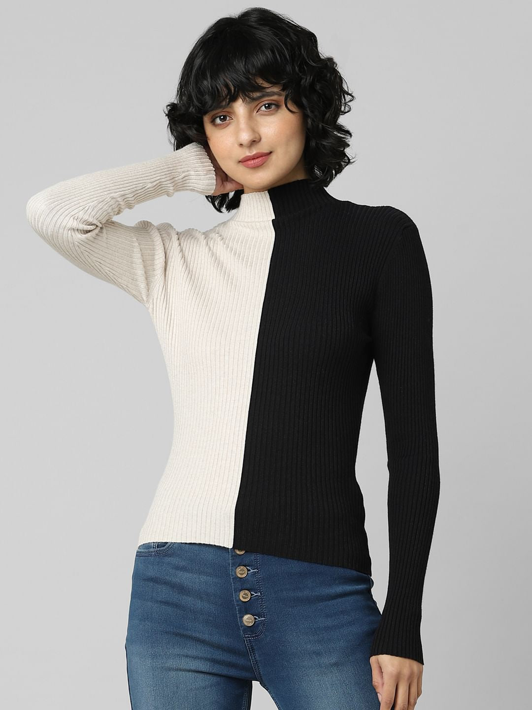 Beige Colourblocked High Neck Pullover