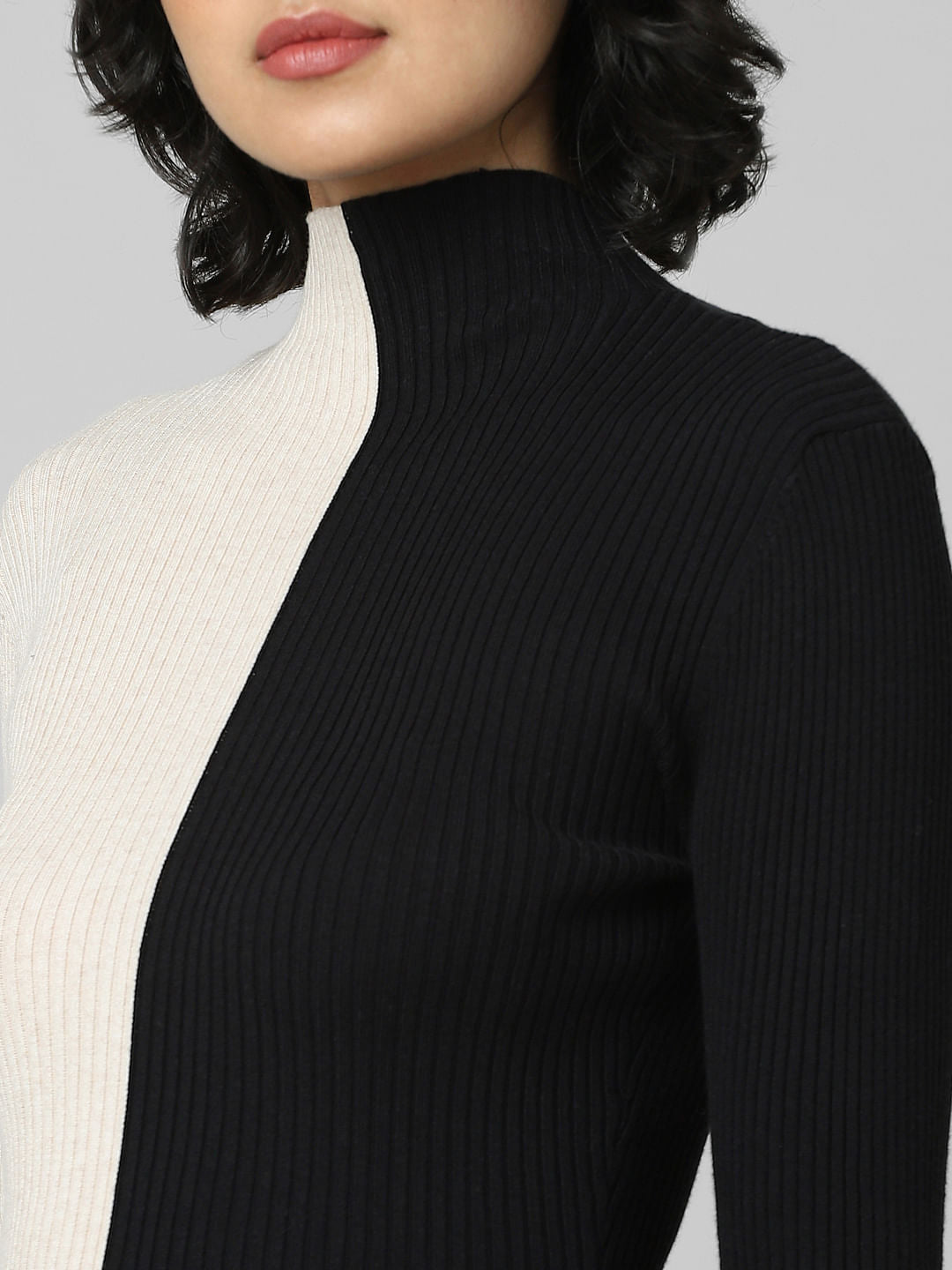Beige Colourblocked High Neck Pullover