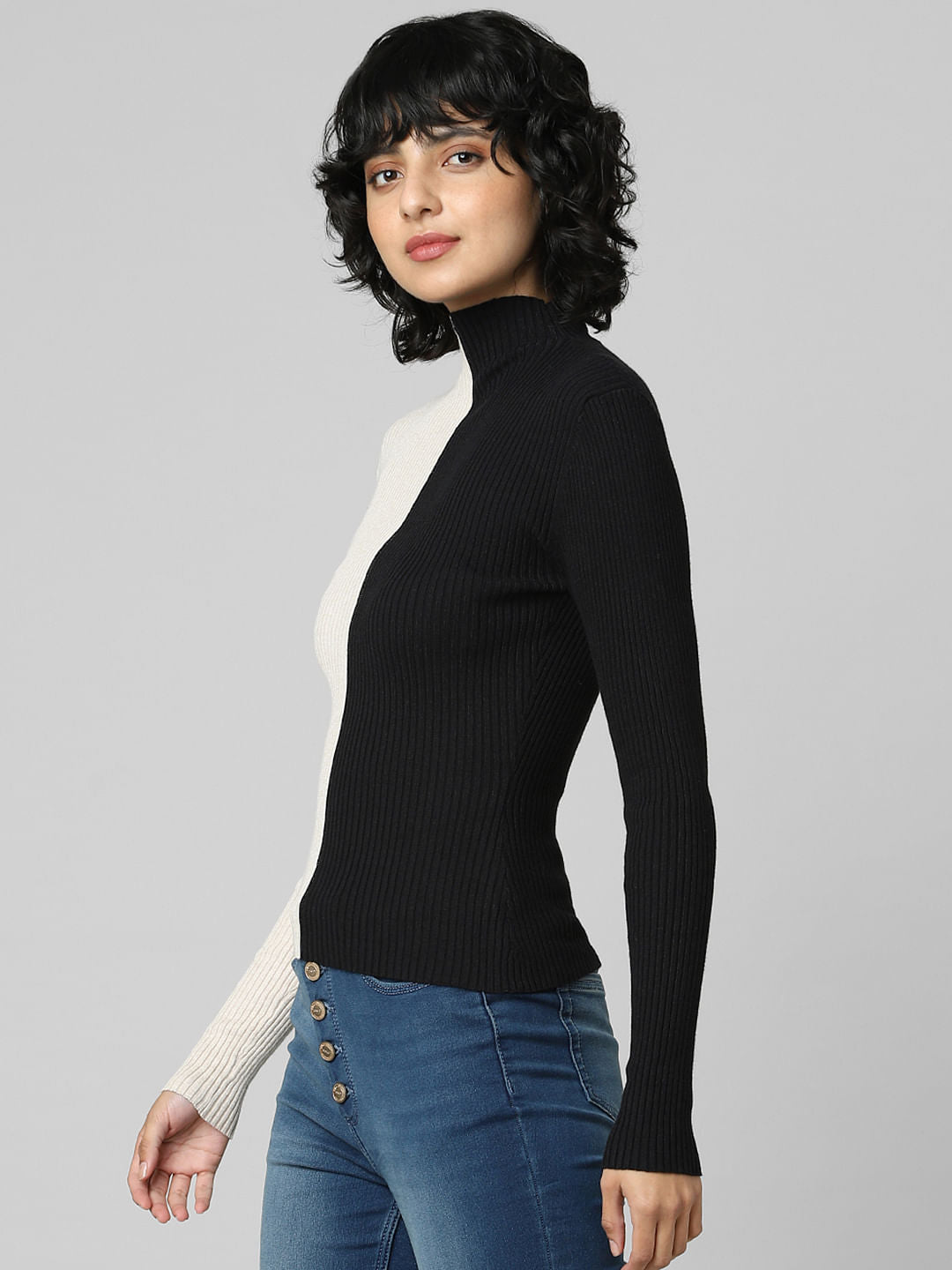 Beige Colourblocked High Neck Pullover