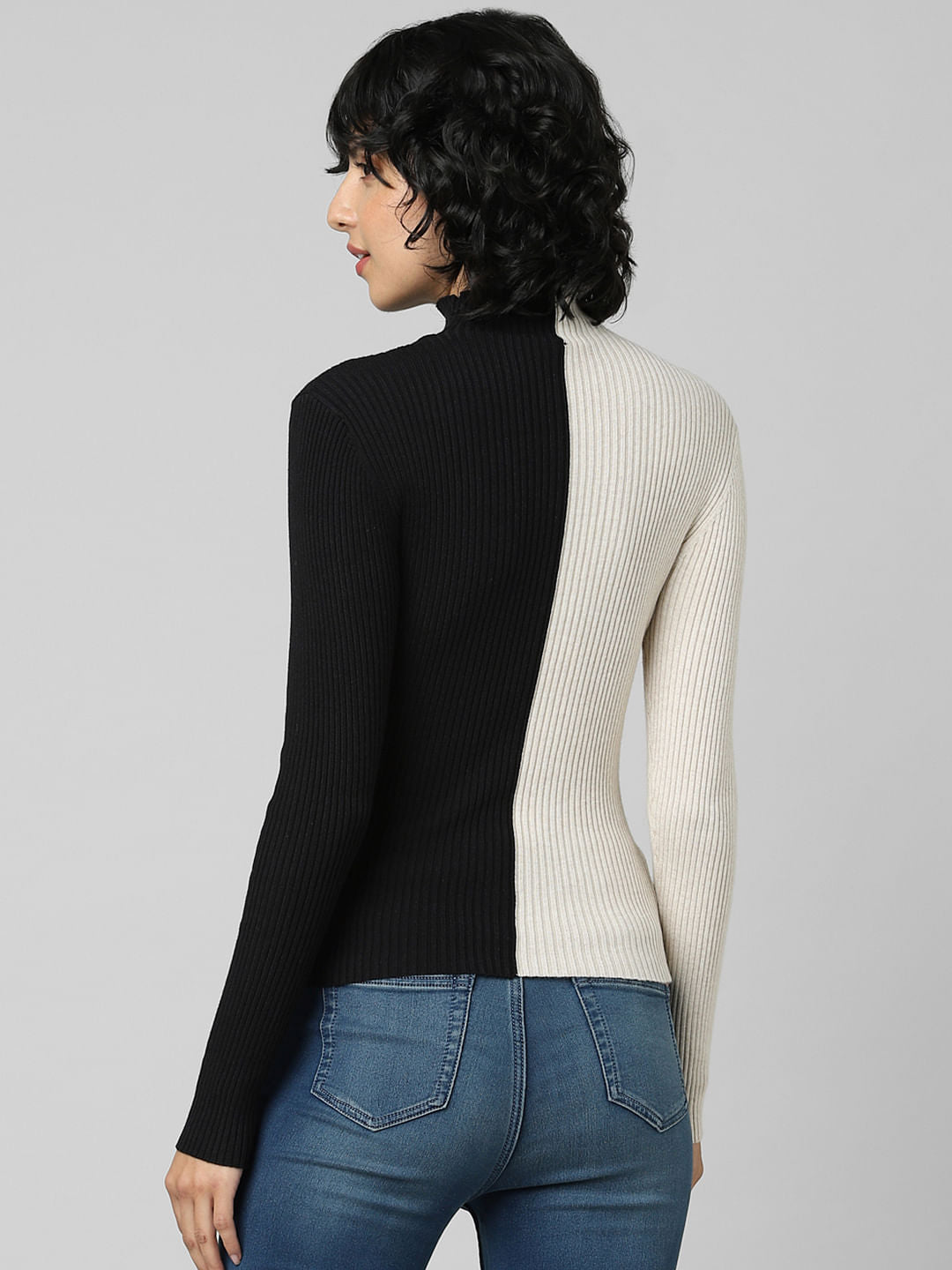 Beige Colourblocked High Neck Pullover