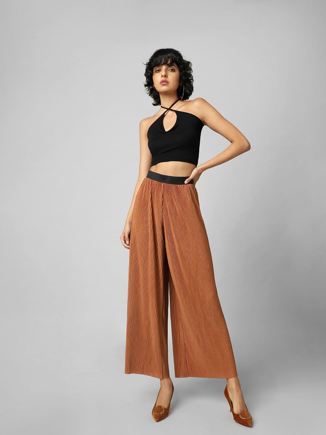 Brown High Rise Pleated Wide Leg Pant