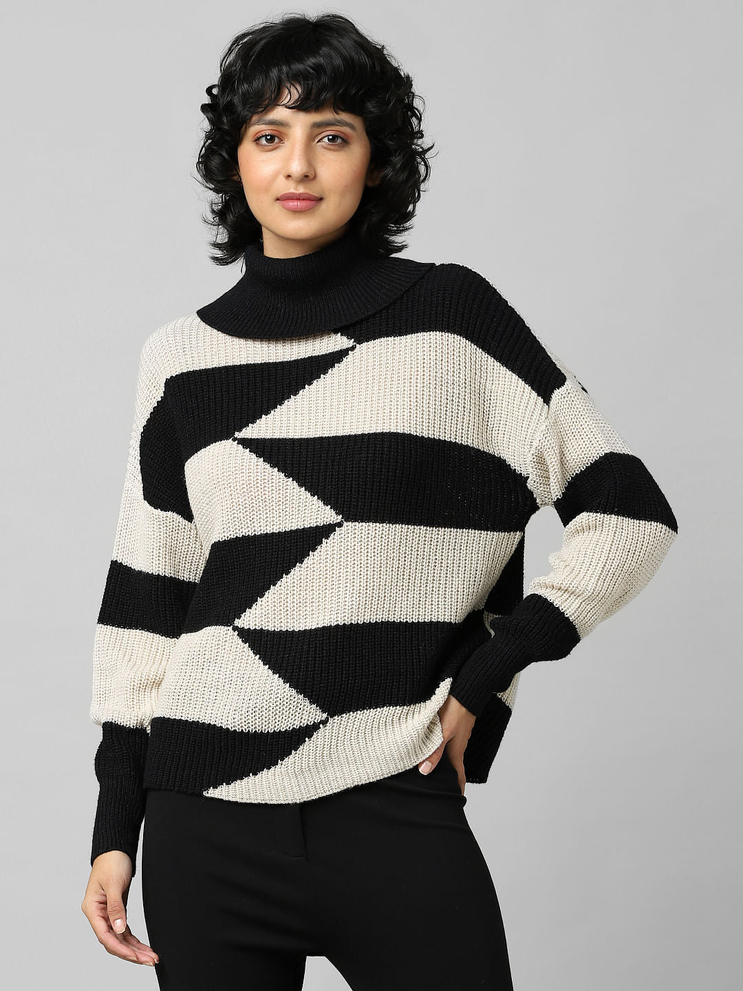 Black Colourblocked Roll Neck Pullover
