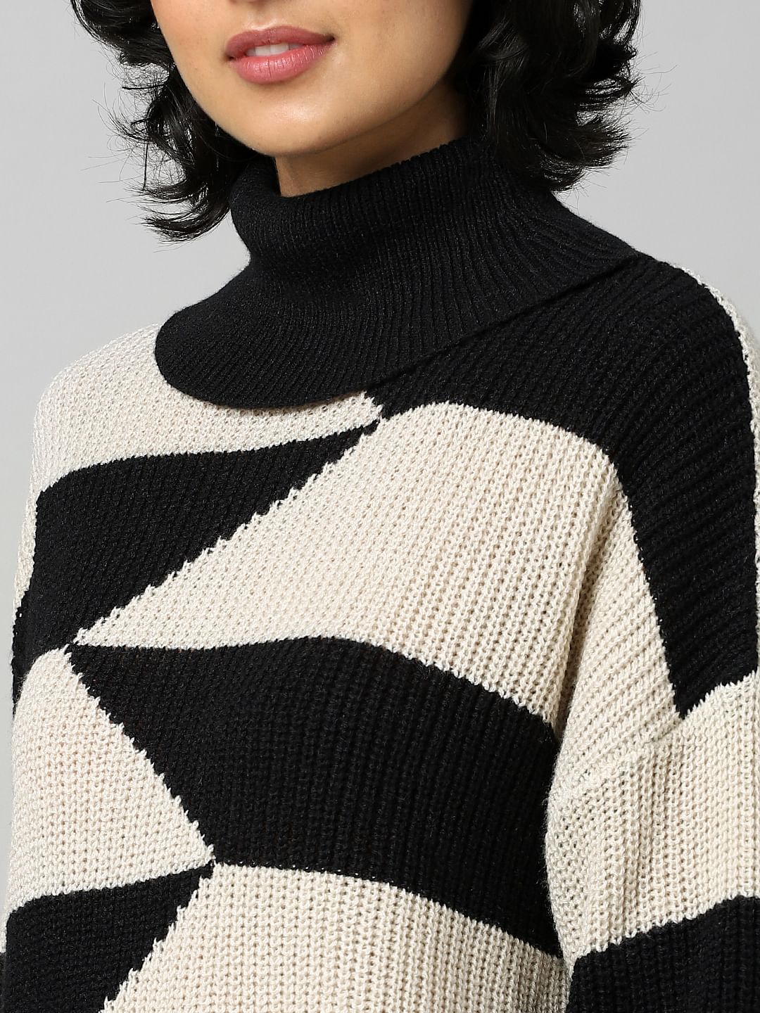 Black Colourblocked Roll Neck Pullover