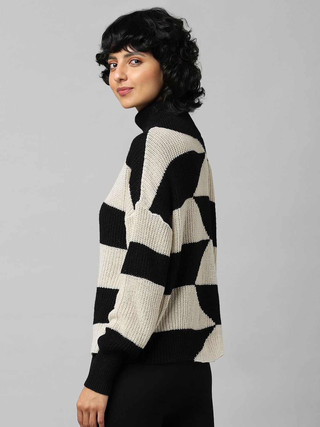 Black Colourblocked Roll Neck Pullover