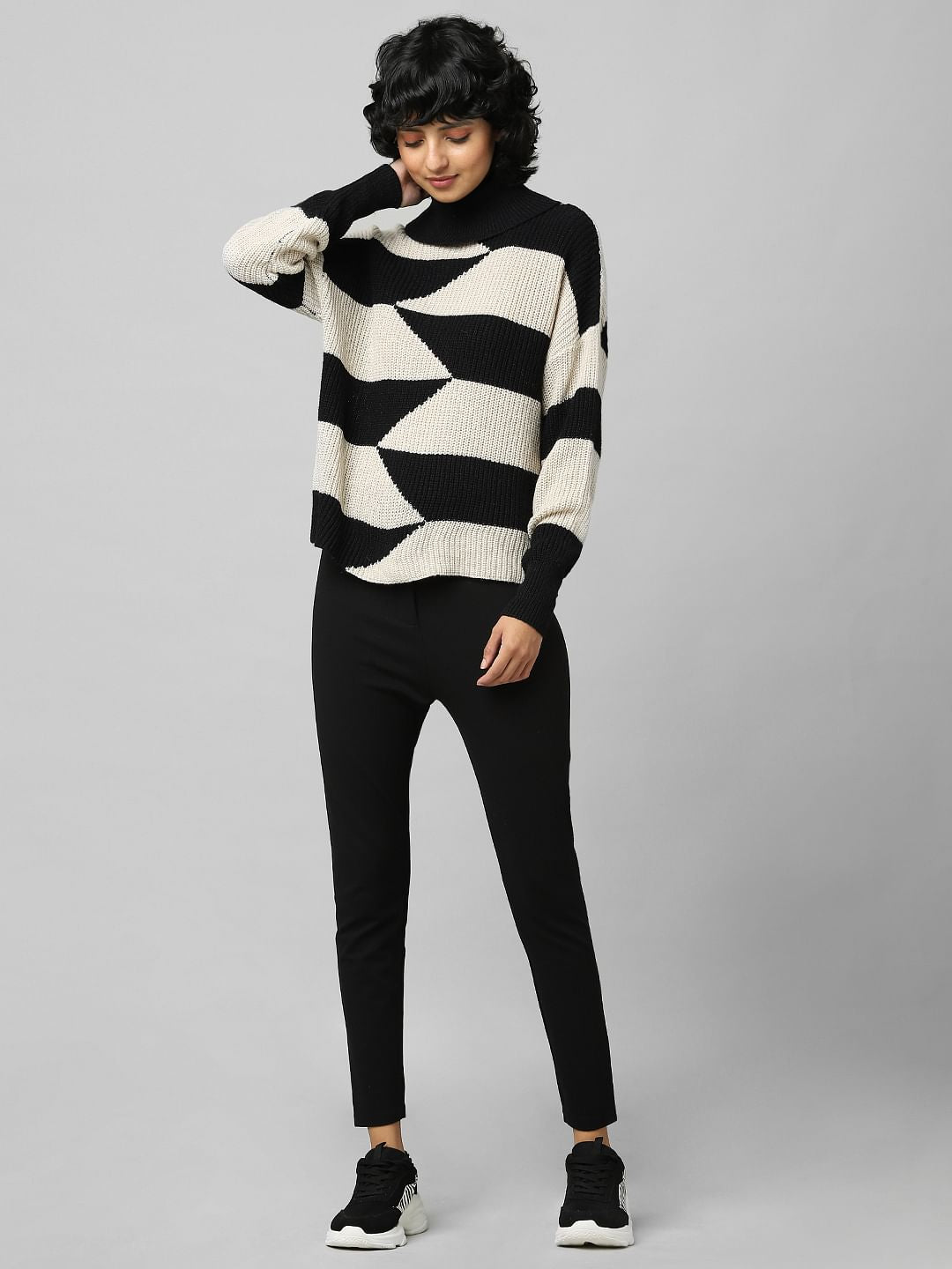 Black Colourblocked Roll Neck Pullover