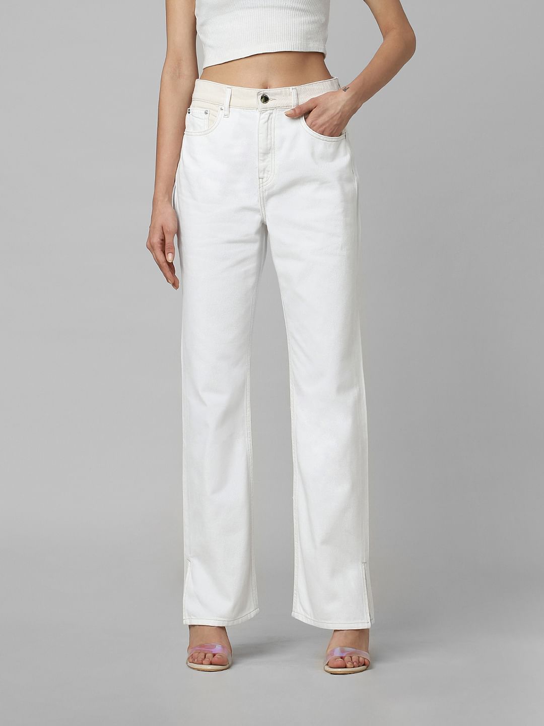 Ecru High Rise Side Slit Straight Fit Jeans