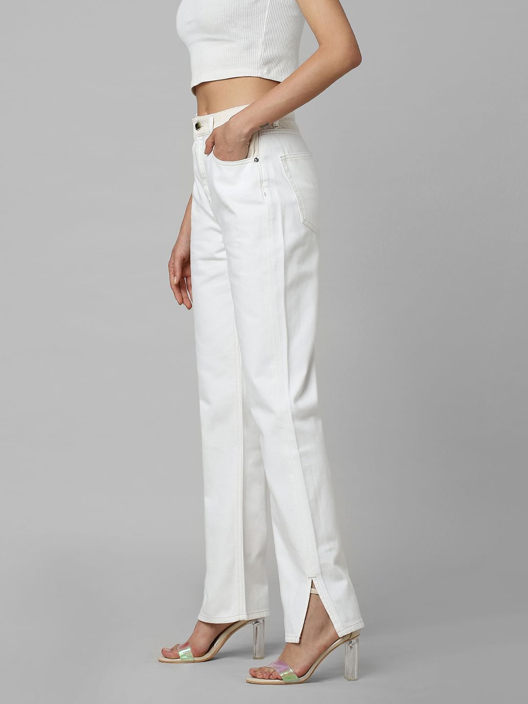 Ecru High Rise Side Slit Straight Fit Jeans