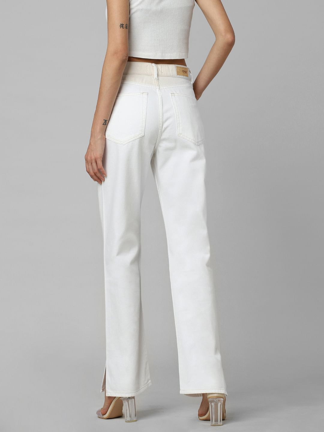 Ecru High Rise Side Slit Straight Fit Jeans