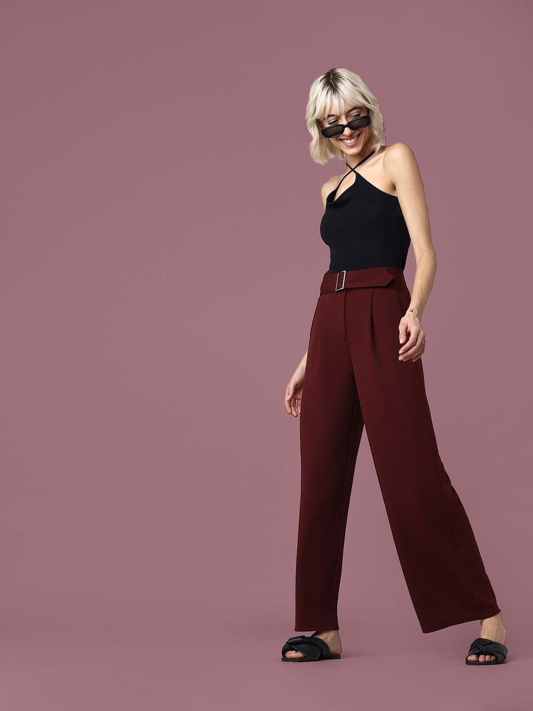 Burgundy High Rise Buckle Detail Flared Pants