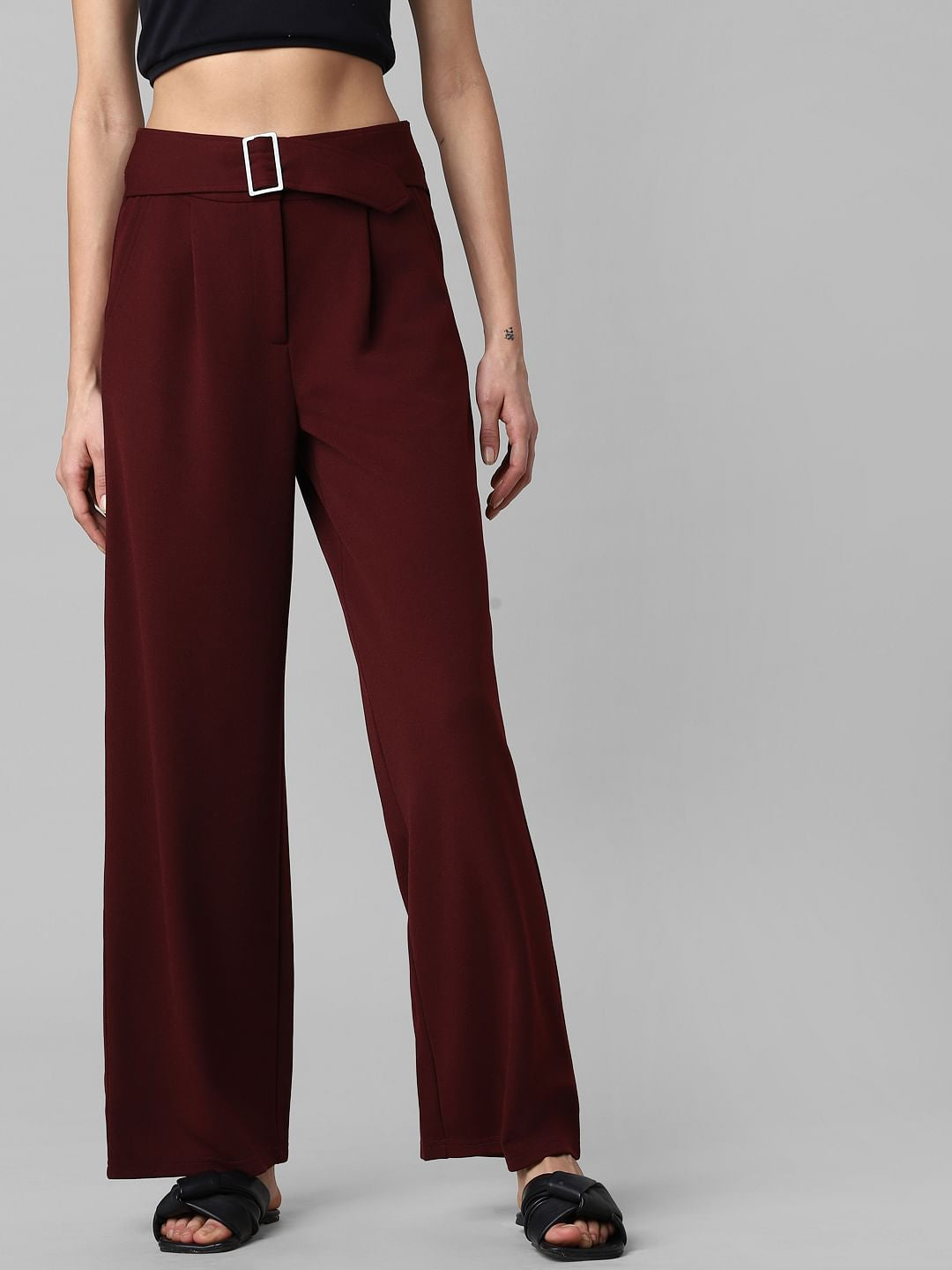 Burgundy High Rise Buckle Detail Flared Pants