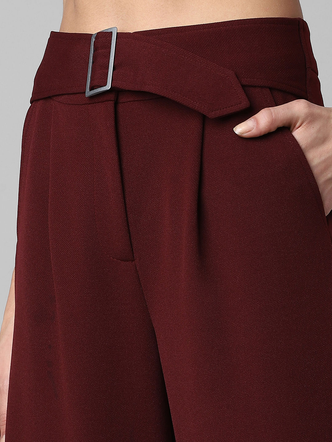 Burgundy High Rise Buckle Detail Flared Pants