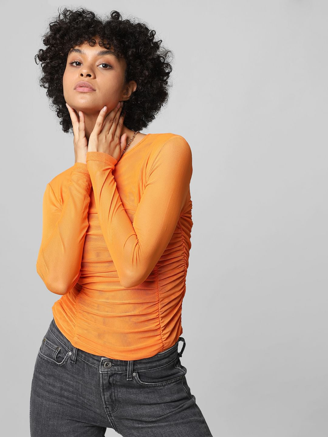 Orange Ruched Mesh Top