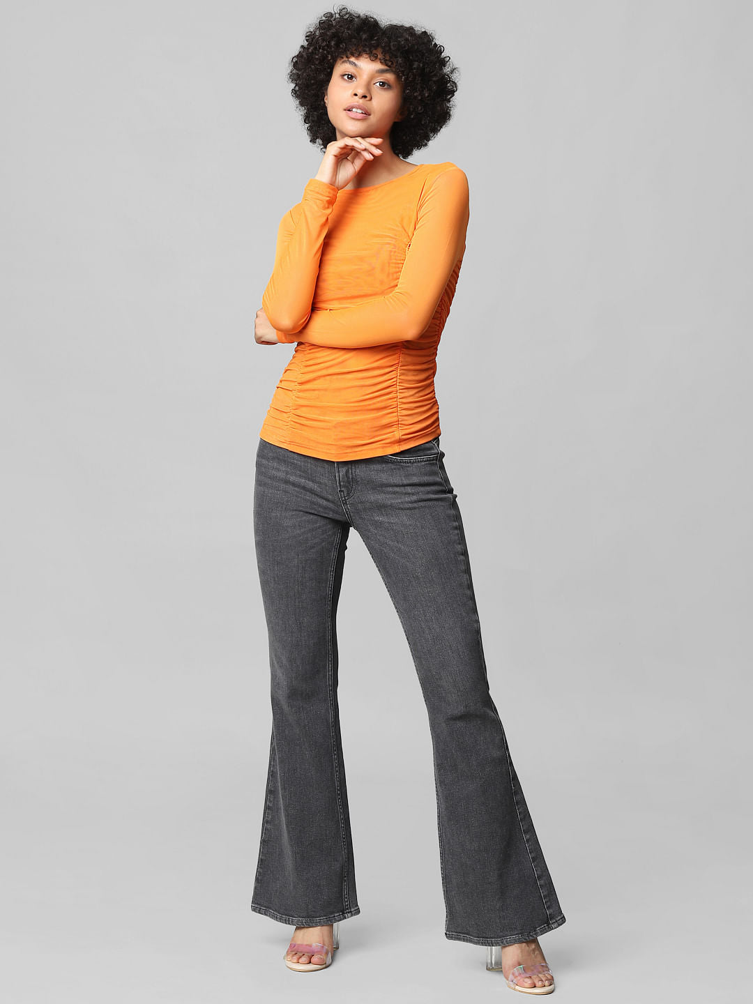 Orange Ruched Mesh Top