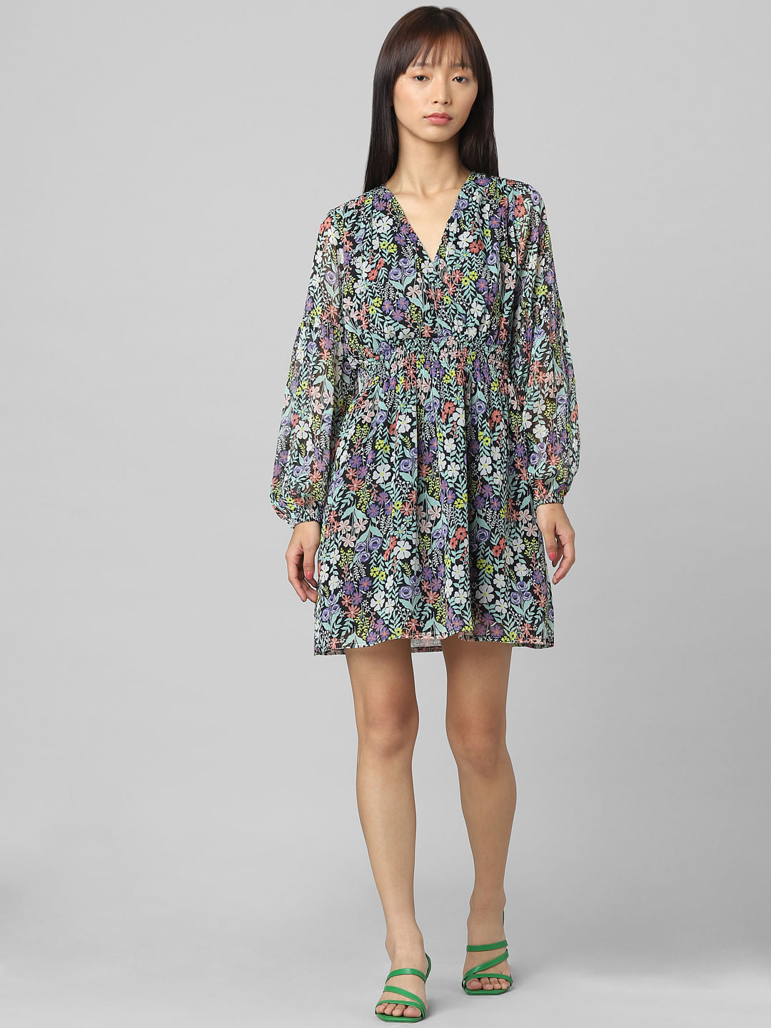 Black Printed Wrap Mini Dress