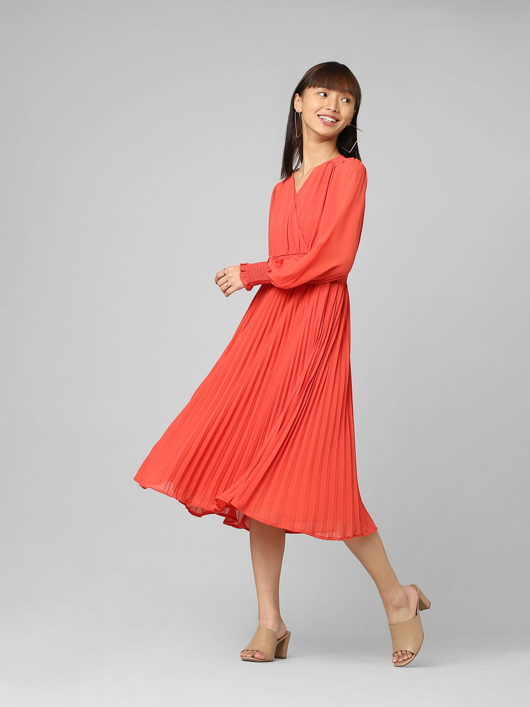 Red Pleated Midi Dress