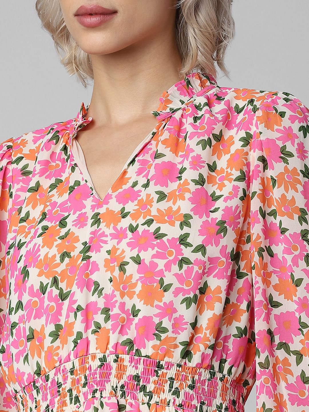 Cream & Pink Floral Chiffon Mini Dress