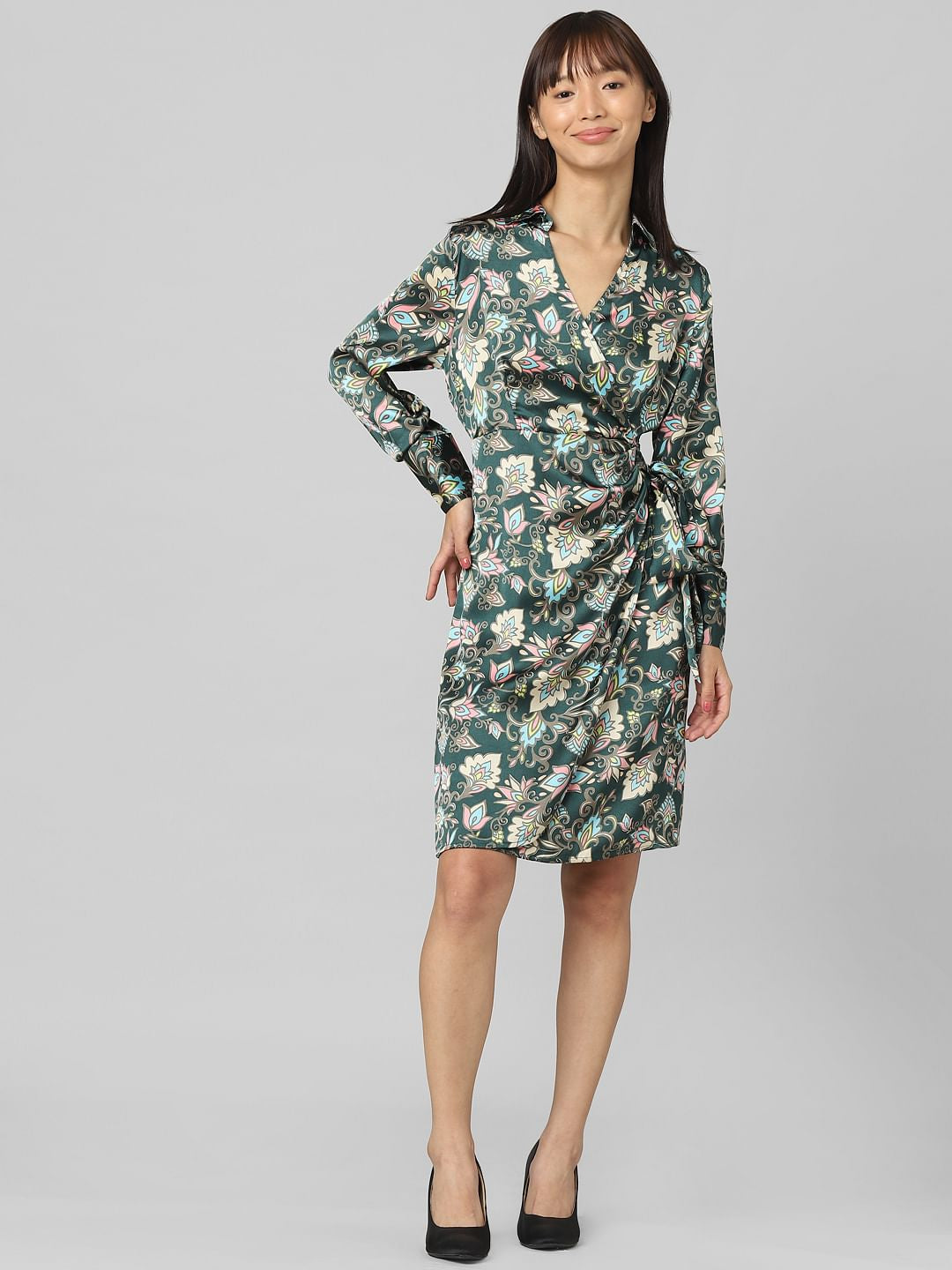 Green Satin Printed Wrap Dress