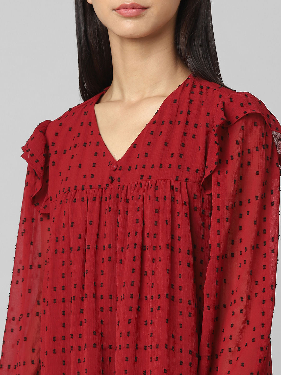 Red Printed Chiffon Dobby Dress