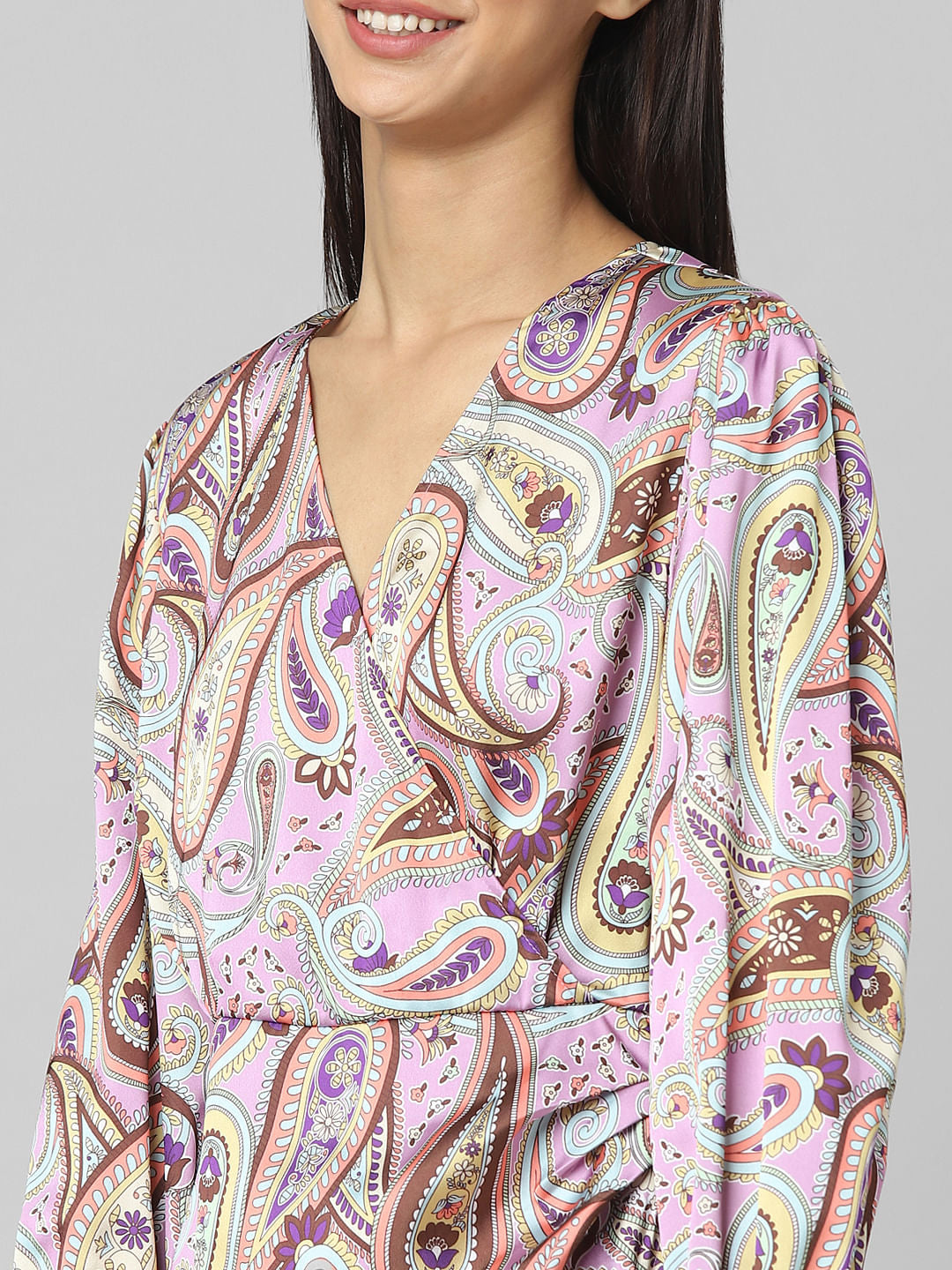 Brown Printed Satin Wrap Dress