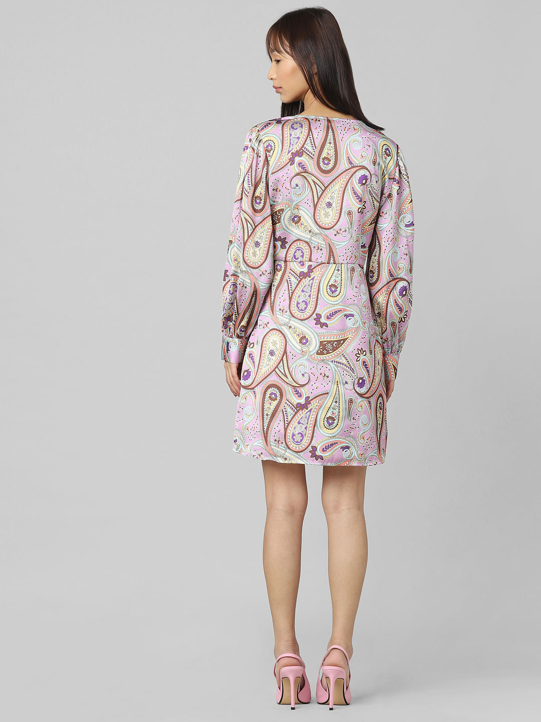 Brown Printed Satin Wrap Dress