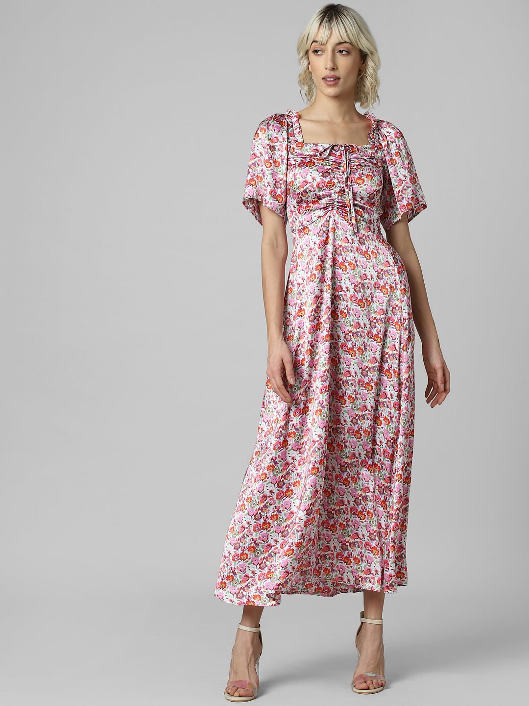 Pink Floral Satin Maxi Dress