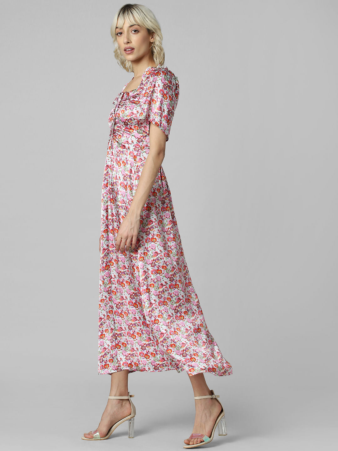 Pink Floral Satin Maxi Dress