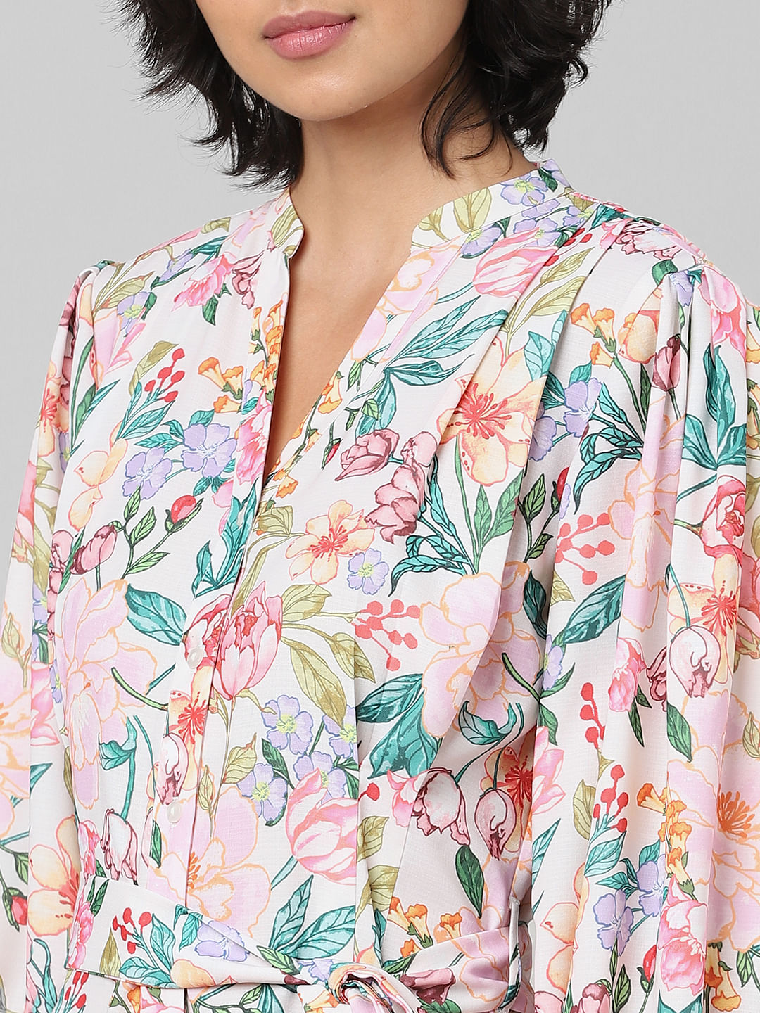 White Floral Print Tie-Belt Dress